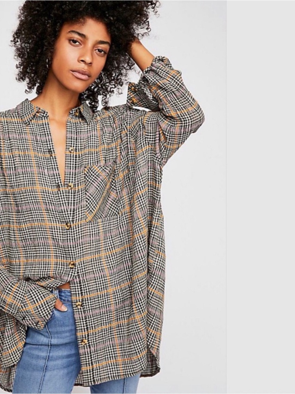 Free People Plaid Button-Down Break My Stride Shirt in Tan, Black & Gold Cream